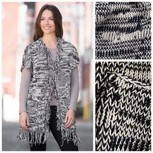 PURE Handknit Open Front B&W Boho Fringe Cardigan Vest, sz. S/M